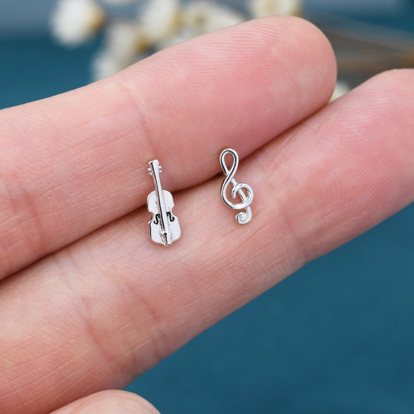 Mismatched Violin and Music Note Stud Earrings in Sterling Silver, Asymmetric Violin and Music Earrings