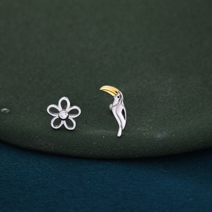 Mismatched Toucan and Flower Stud Earrings in Sterling Silver, Asymmetric Toucan Bird and Daisy Earrings