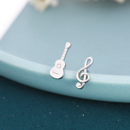 Mismatched Guitar and Music Note Stud Earrings in Sterling Silver, Asymmetric Guitar and Music Earrings