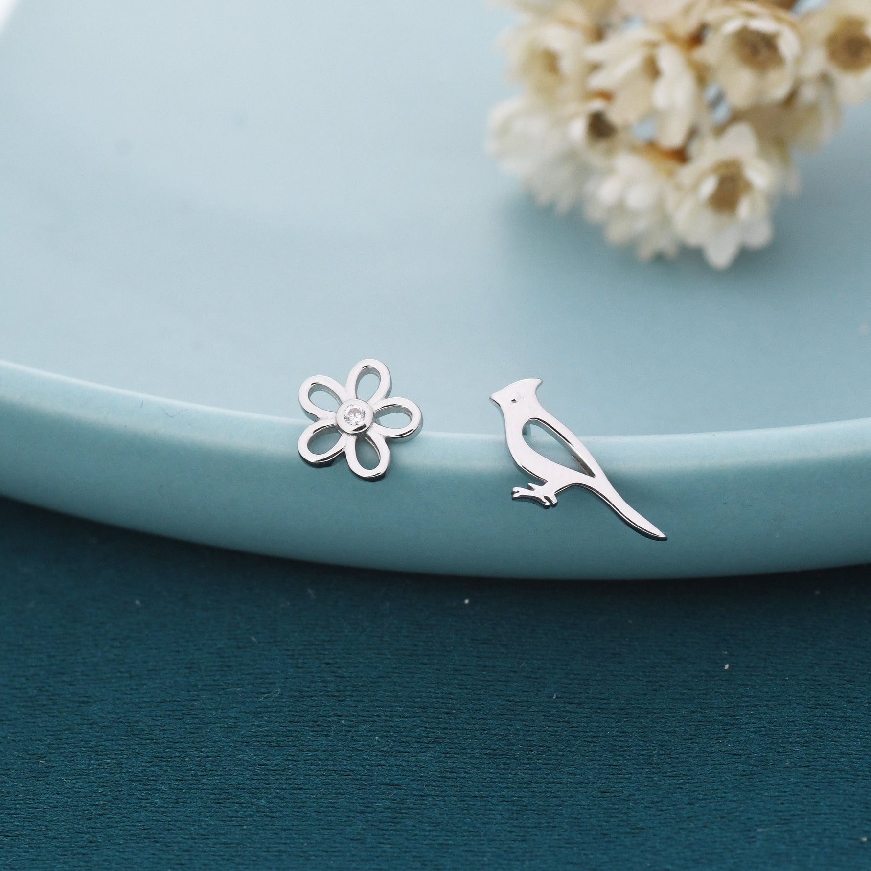 Mismatched Cardinal Bird and Flower Stud Earrings in Sterling Silver, Asymmetric Bird and Flower Earrings