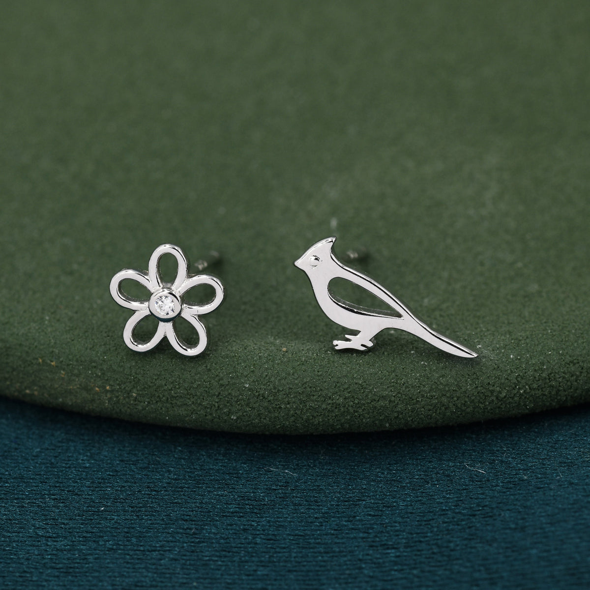 Mismatched Cardinal Bird and Flower Stud Earrings in Sterling Silver, Asymmetric Bird and Flower Earrings