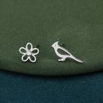 Mismatched Cardinal Bird and Flower Stud Earrings in Sterling Silver, Asymmetric Bird and Flower Earrings