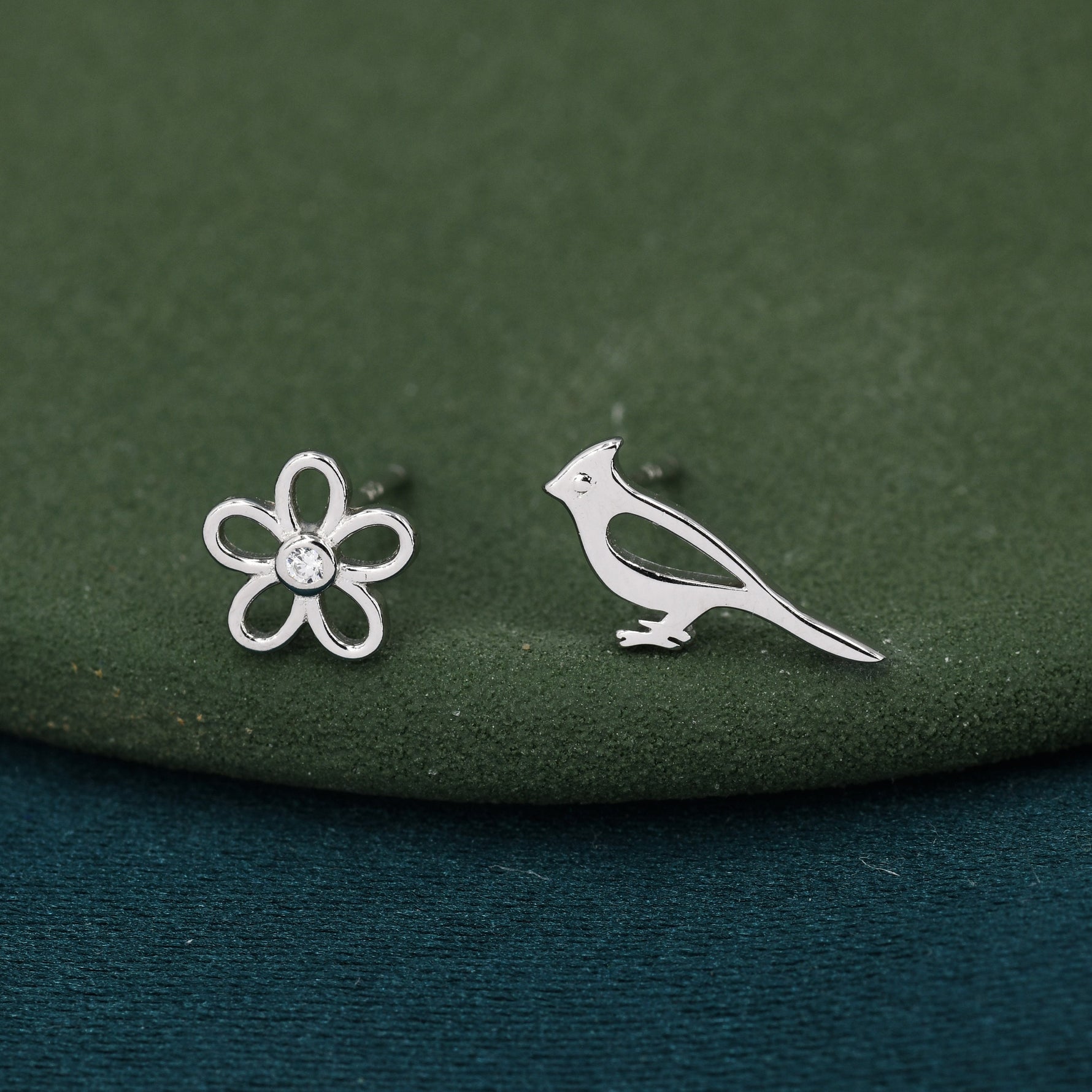 Mismatched Cardinal Bird and Flower Stud Earrings in Sterling Silver, Asymmetric Bird and Flower Earrings