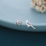 Mismatched Cardinal Bird and Flower Stud Earrings in Sterling Silver, Asymmetric Bird and Flower Earrings