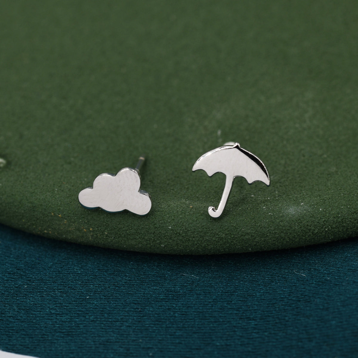 Mismatched Cloud and Umbrella Stud Earrings in Sterling Silver, Asymmetric Weather Earrings, Rain Cloud and Umbrella Earrings