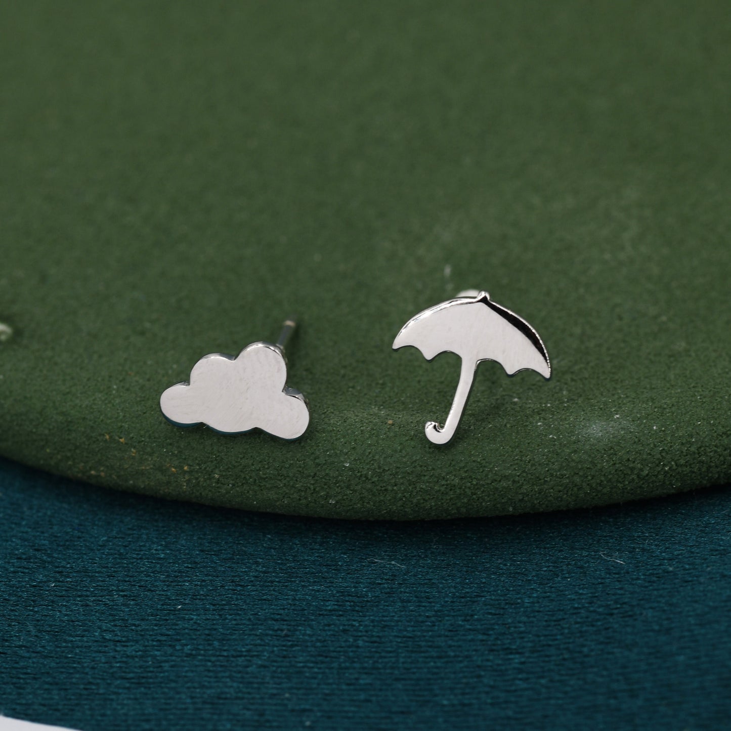 Mismatched Cloud and Umbrella Stud Earrings in Sterling Silver, Asymmetric Weather Earrings, Rain Cloud and Umbrella Earrings