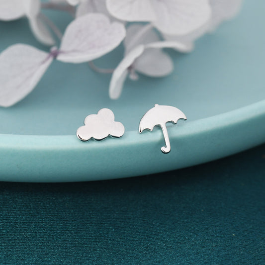 Mismatched Cloud and Umbrella Stud Earrings in Sterling Silver, Asymmetric Weather Earrings, Rain Cloud and Umbrella Earrings