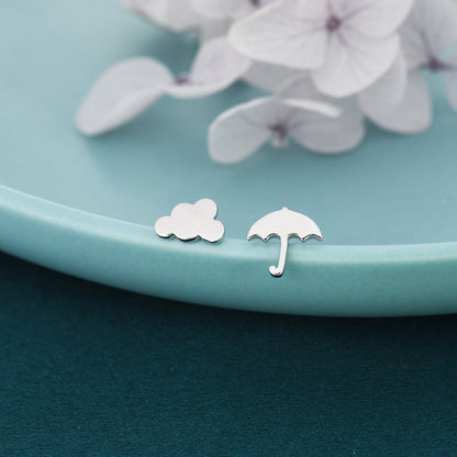 Mismatched Cloud and Umbrella Stud Earrings in Sterling Silver, Asymmetric Weather Earrings, Rain Cloud and Umbrella Earrings