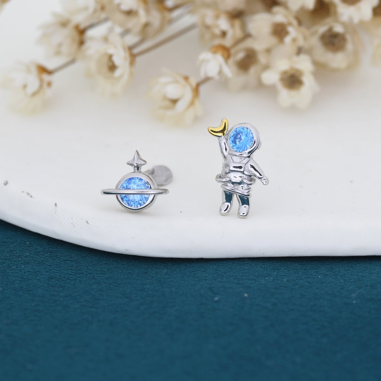 Mismatched Astronaut and Planet Stud Earrings in Sterling Silver, Asymmetric Planet and Spaceman Earrings with Blue CZ, Cute and Fun