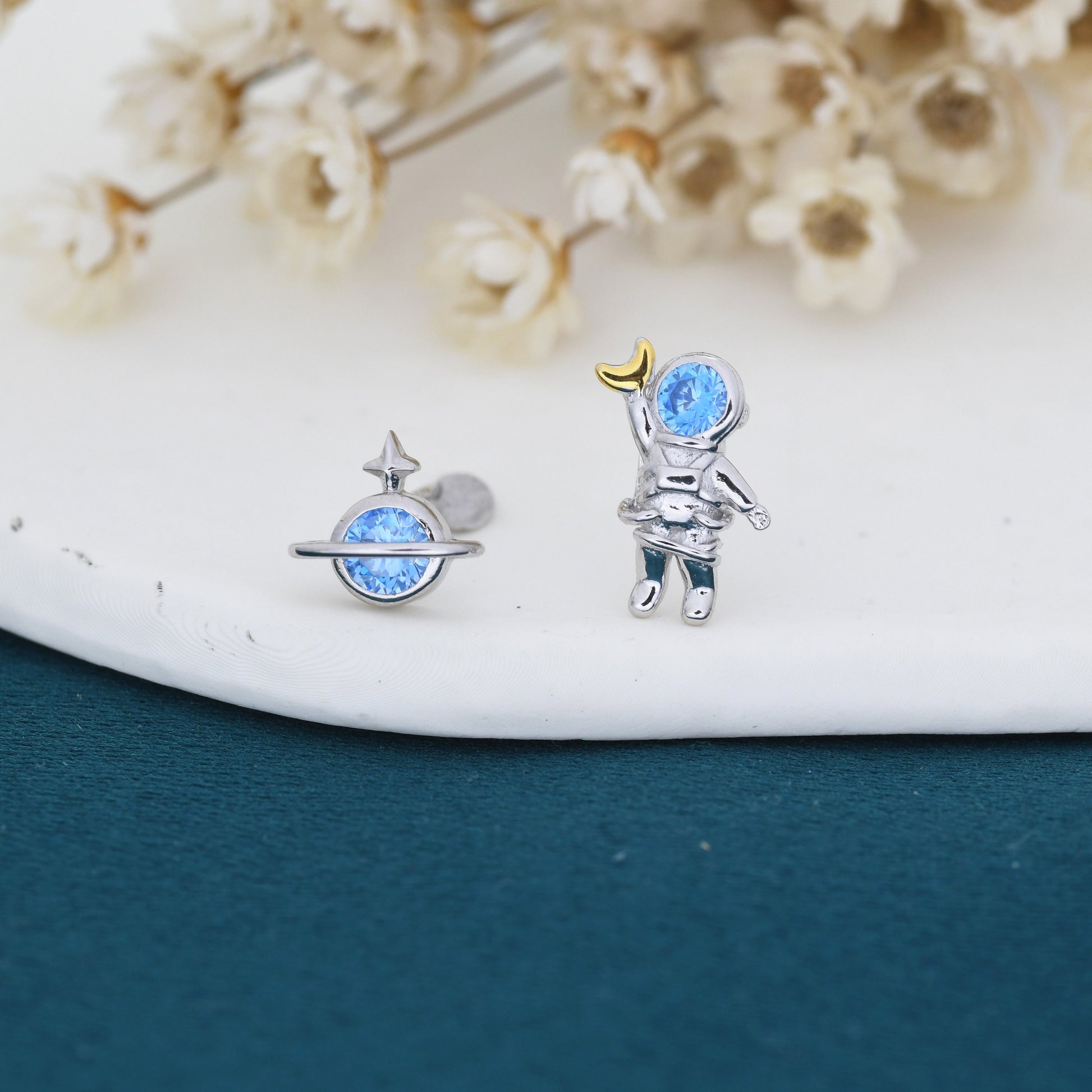 Mismatched Astronaut and Planet Stud Earrings in Sterling Silver, Asymmetric Planet and Spaceman Earrings with Blue CZ, Cute and Fun