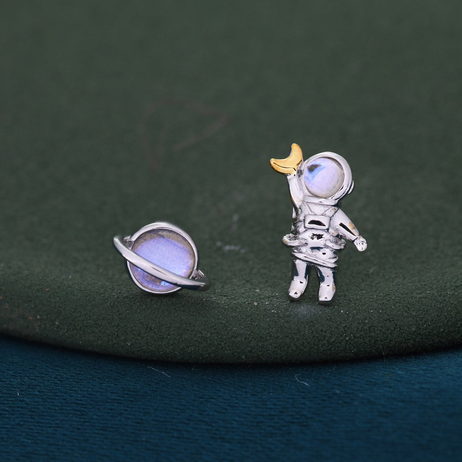 Mismatched Astronaut and Planet Stud Earrings in Sterling Silver, Asymmetric Planet and Spaceman Earrings with Moonstone, Cute and Fun