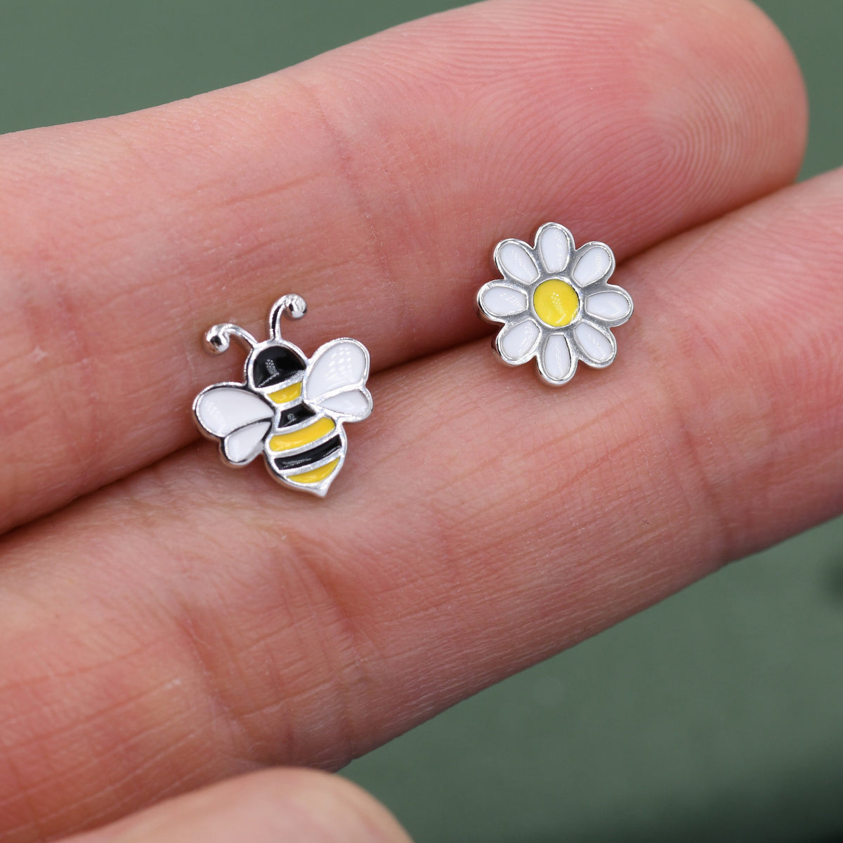 Mismatched Enamel Bee and Flower Stud Earrings in Sterling Silver, Asymmetric Bumble Bee and Flower Earrings