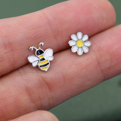 Mismatched Enamel Bee and Flower Stud Earrings in Sterling Silver, Asymmetric Bumble Bee and Flower Earrings