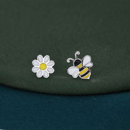 Mismatched Enamel Bee and Flower Stud Earrings in Sterling Silver, Asymmetric Bumble Bee and Flower Earrings