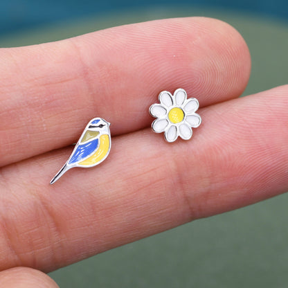 Mismatched Blue Tit Bird and Flower Stud Earrings in Sterling Silver, Asymmetric Blue tit and Daisy Earrings