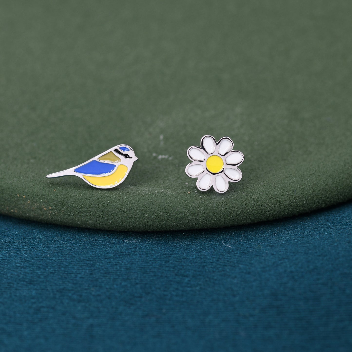 Mismatched Blue Tit Bird and Flower Stud Earrings in Sterling Silver, Asymmetric Blue tit and Daisy Earrings