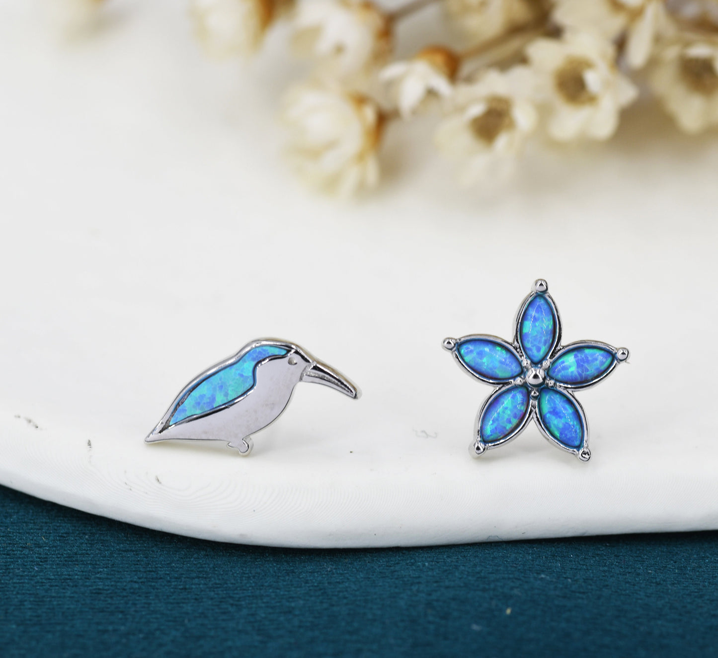 Mismatched Kingfisher Bird and Flower Stud Earrings in Sterling Silver with Blue Opals, Asymmetric Bird and Flower Earrings, Lab Opals