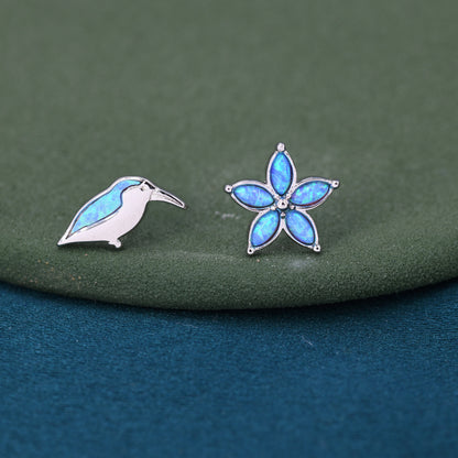 Mismatched Kingfisher Bird and Flower Stud Earrings in Sterling Silver with Blue Opals, Asymmetric Bird and Flower Earrings, Lab Opals