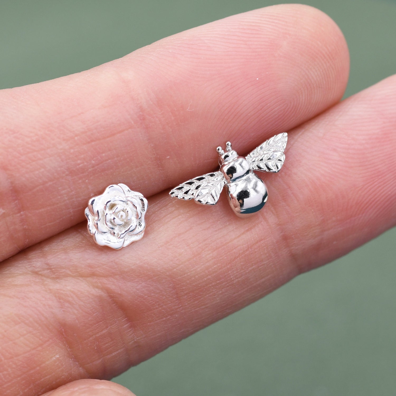Mismatched Bee and Flower Stud Earrings in Sterling Silver, Asymmetric Bumble Bee and Rose Earrings