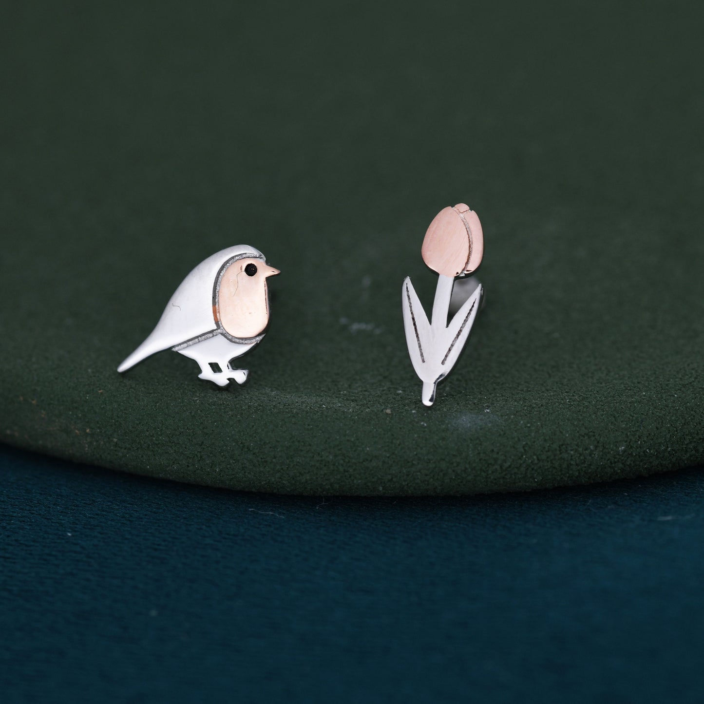 Mismatched Robin Bird and Tulip Flower Stud Earrings in Sterling Silver, Asymmetric Bird and Flower Earrings