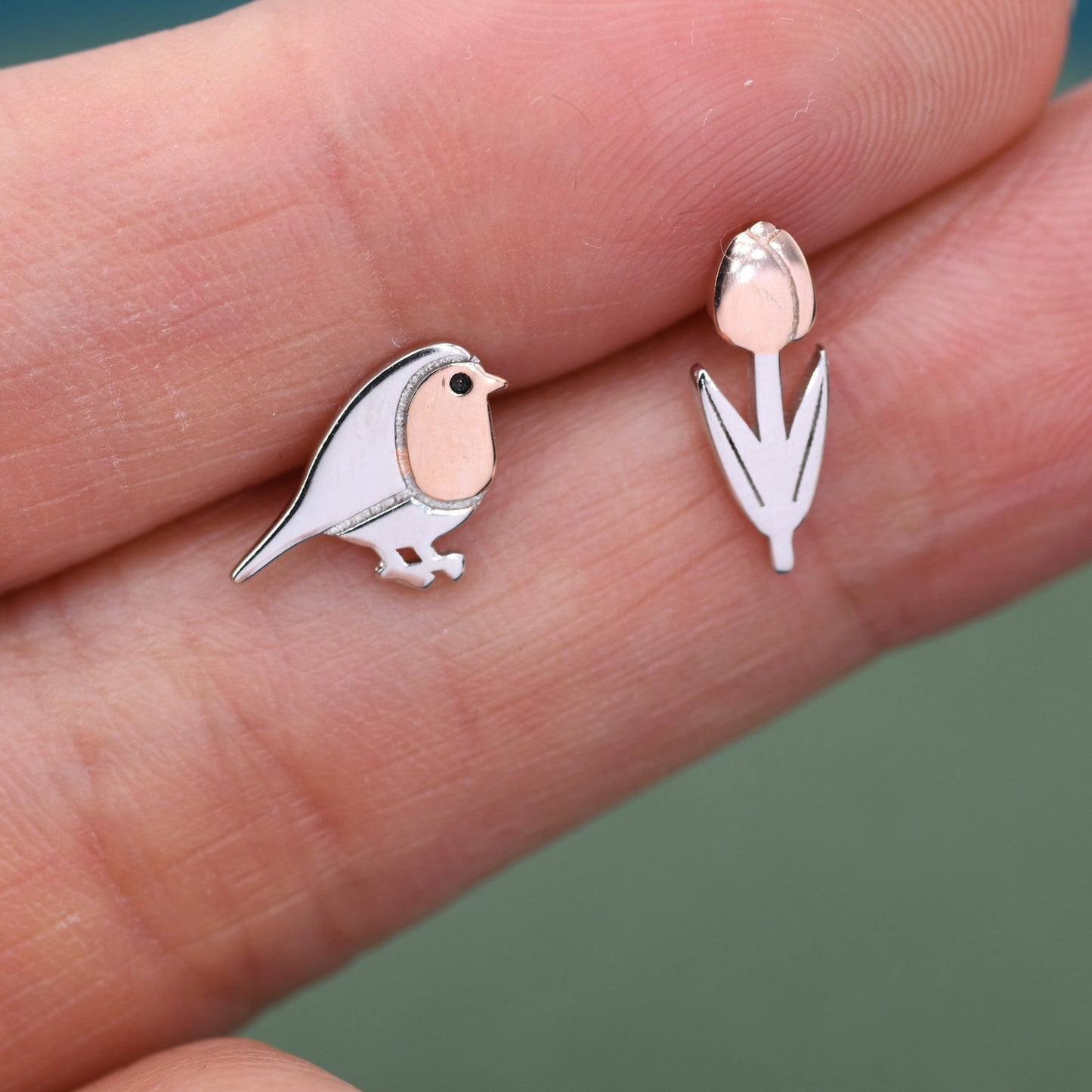 Mismatched Robin Bird and Tulip Flower Stud Earrings in Sterling Silver, Asymmetric Bird and Flower Earrings