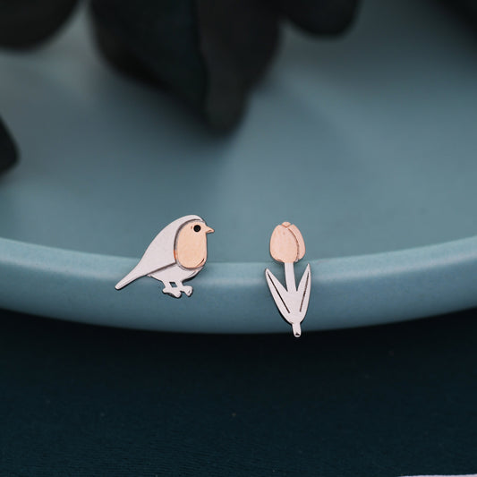 Mismatched Robin Bird and Tulip Flower Stud Earrings in Sterling Silver, Asymmetric Bird and Flower Earrings