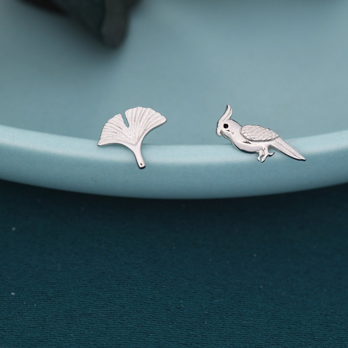 Mismatched Parrot and Ginkgo Leaf Stud Earrings in Sterling Silver, Asymmetric Bird and  Leaf Earrings