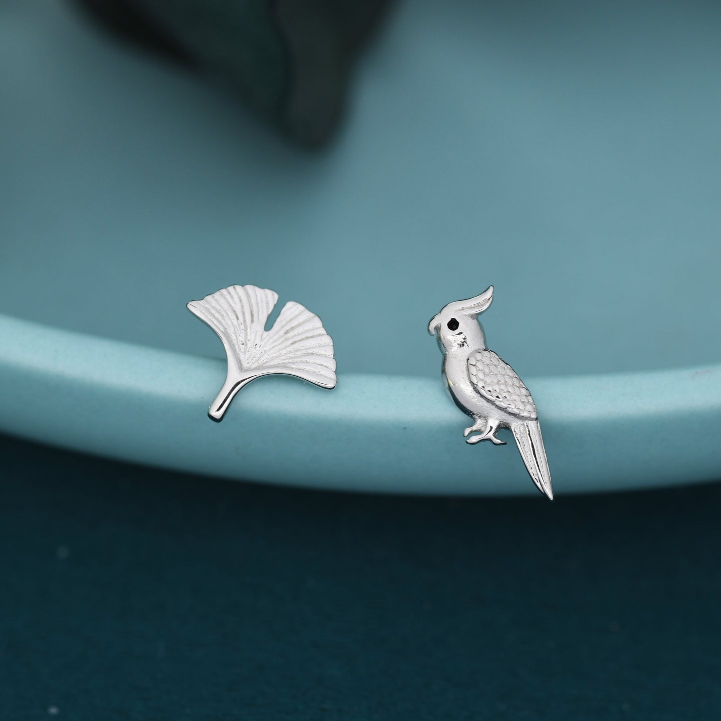 Mismatched Parrot and Ginkgo Leaf Stud Earrings in Sterling Silver, Asymmetric Bird and  Leaf Earrings