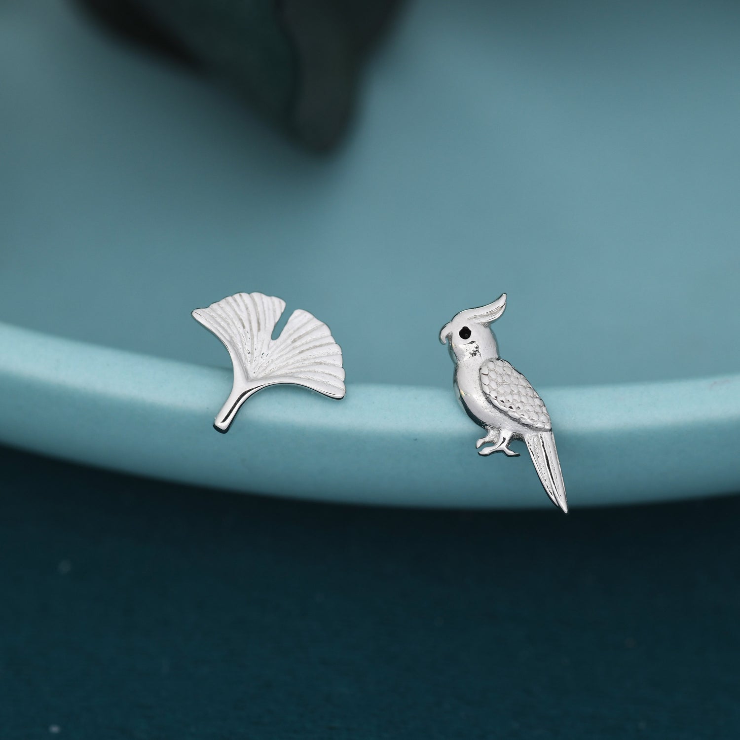 Mismatched Parrot and Ginkgo Leaf Stud Earrings in Sterling Silver, Asymmetric Bird and  Leaf Earrings