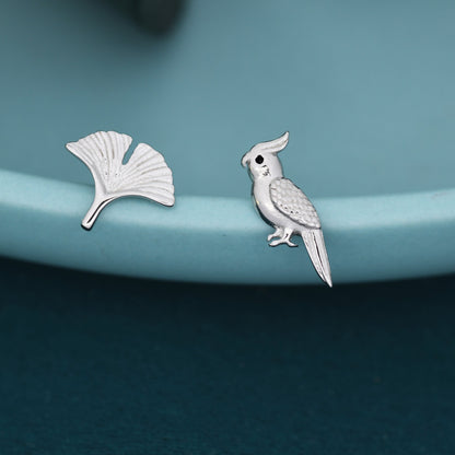 Mismatched Parrot and Ginkgo Leaf Stud Earrings in Sterling Silver, Asymmetric Bird and  Leaf Earrings