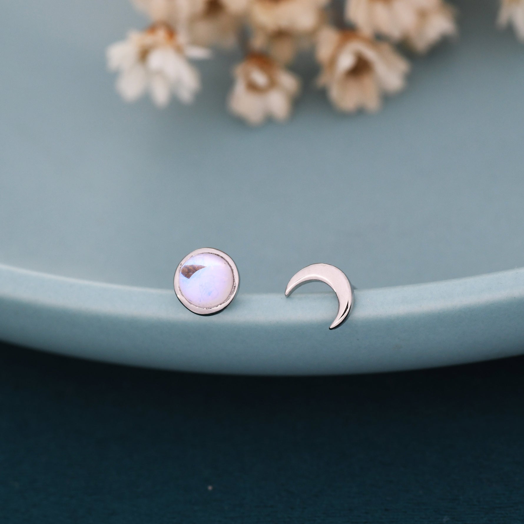 Mismatched Moon Phase Stud Earrings in Sterling Silver, Asymmetric Full Moon and Crescent Moon Earrings