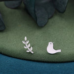Mismatched Peace Dove and Olive Branch Stud Earrings in Sterling Silver, Asymmetric Bird and Leaf Earrings