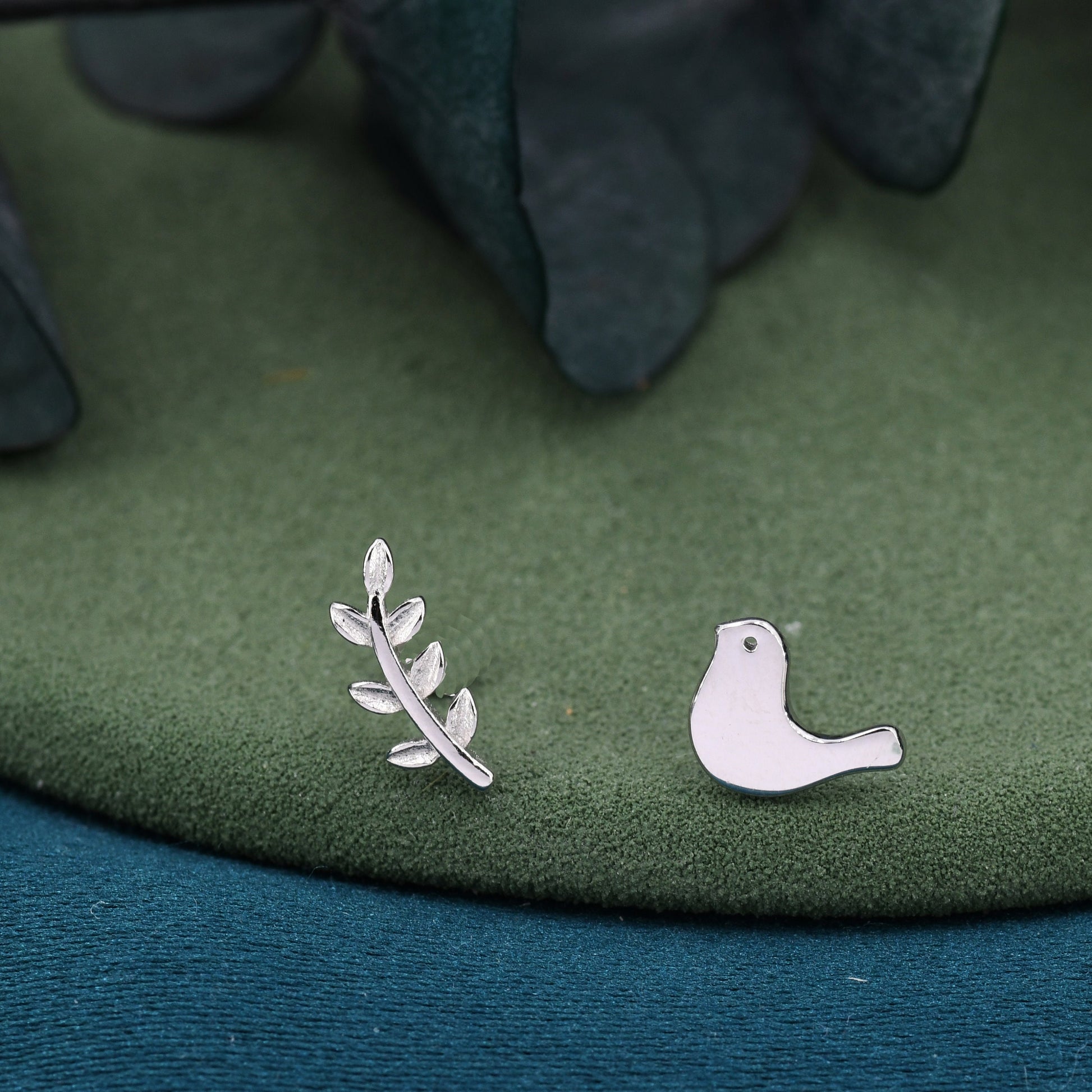 Mismatched Peace Dove and Olive Branch Stud Earrings in Sterling Silver, Asymmetric Bird and Leaf Earrings