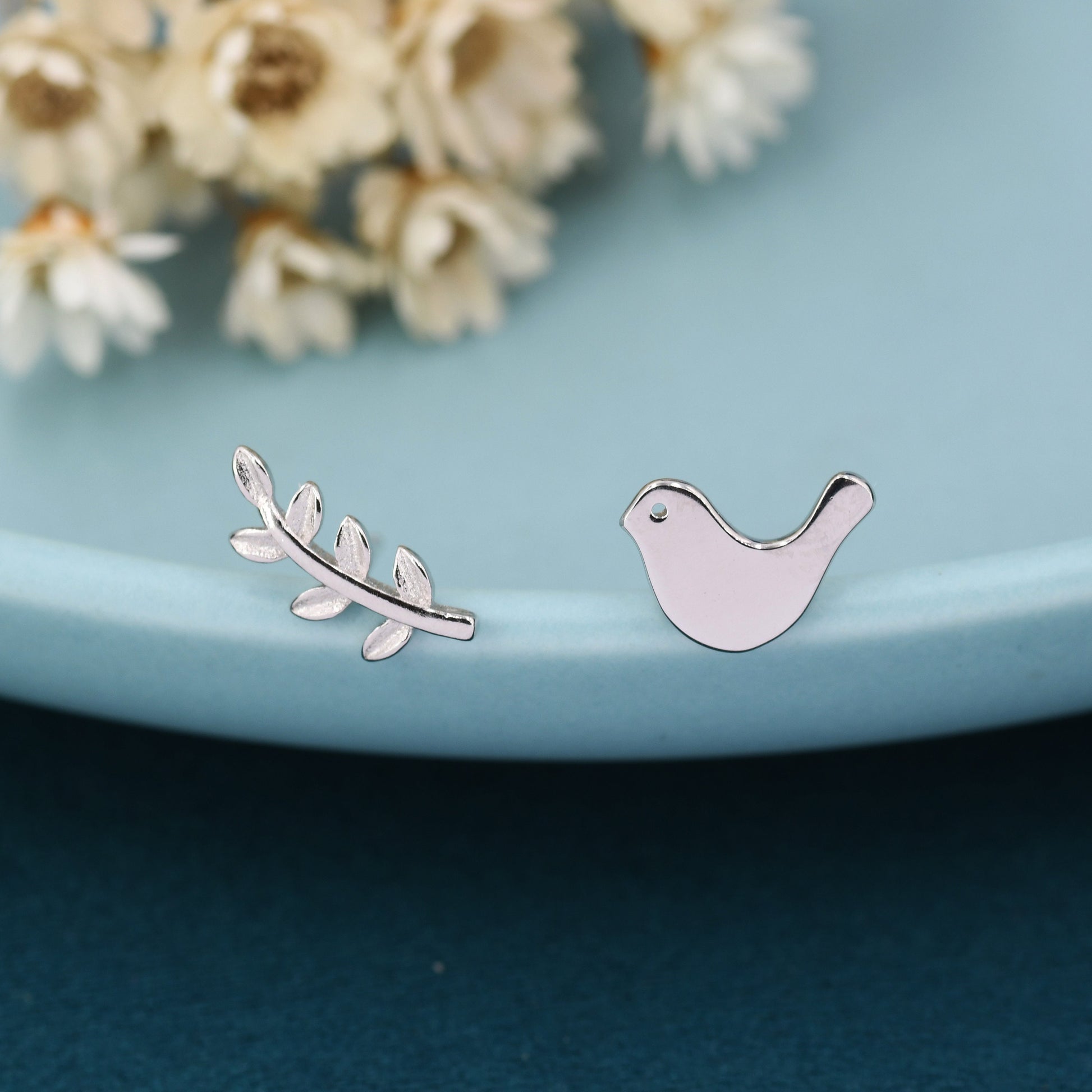 Mismatched Peace Dove and Olive Branch Stud Earrings in Sterling Silver, Asymmetric Bird and Leaf Earrings