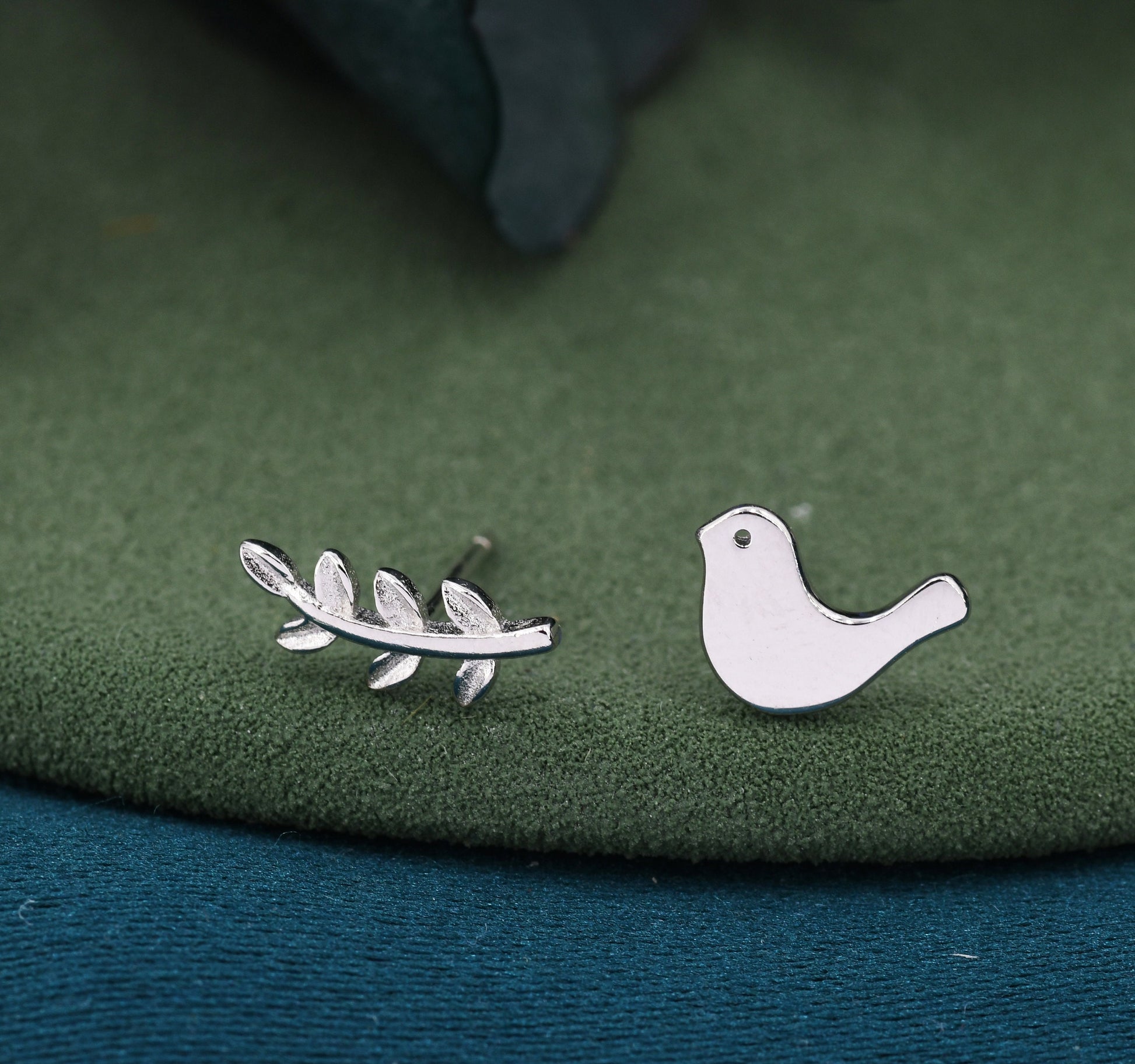 Mismatched Peace Dove and Olive Branch Stud Earrings in Sterling Silver, Asymmetric Bird and Leaf Earrings
