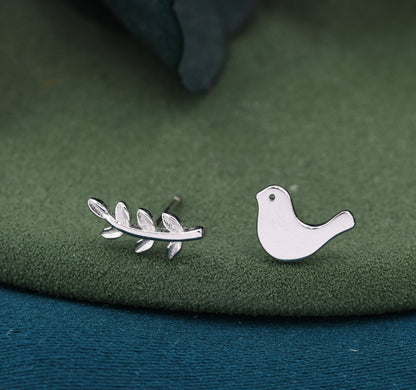 Mismatched Peace Dove and Olive Branch Stud Earrings in Sterling Silver, Asymmetric Bird and Leaf Earrings
