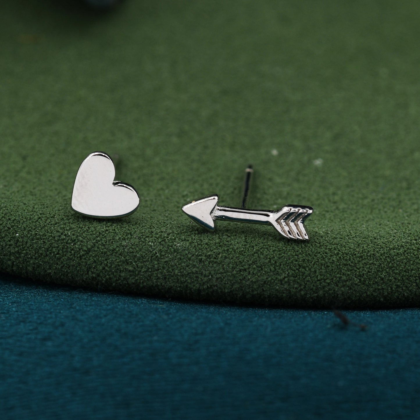 Mismatched Tiny Arrow and Heart Stud Earrings in Sterling Silver, Asymmetric Arrow and Heart Earrings