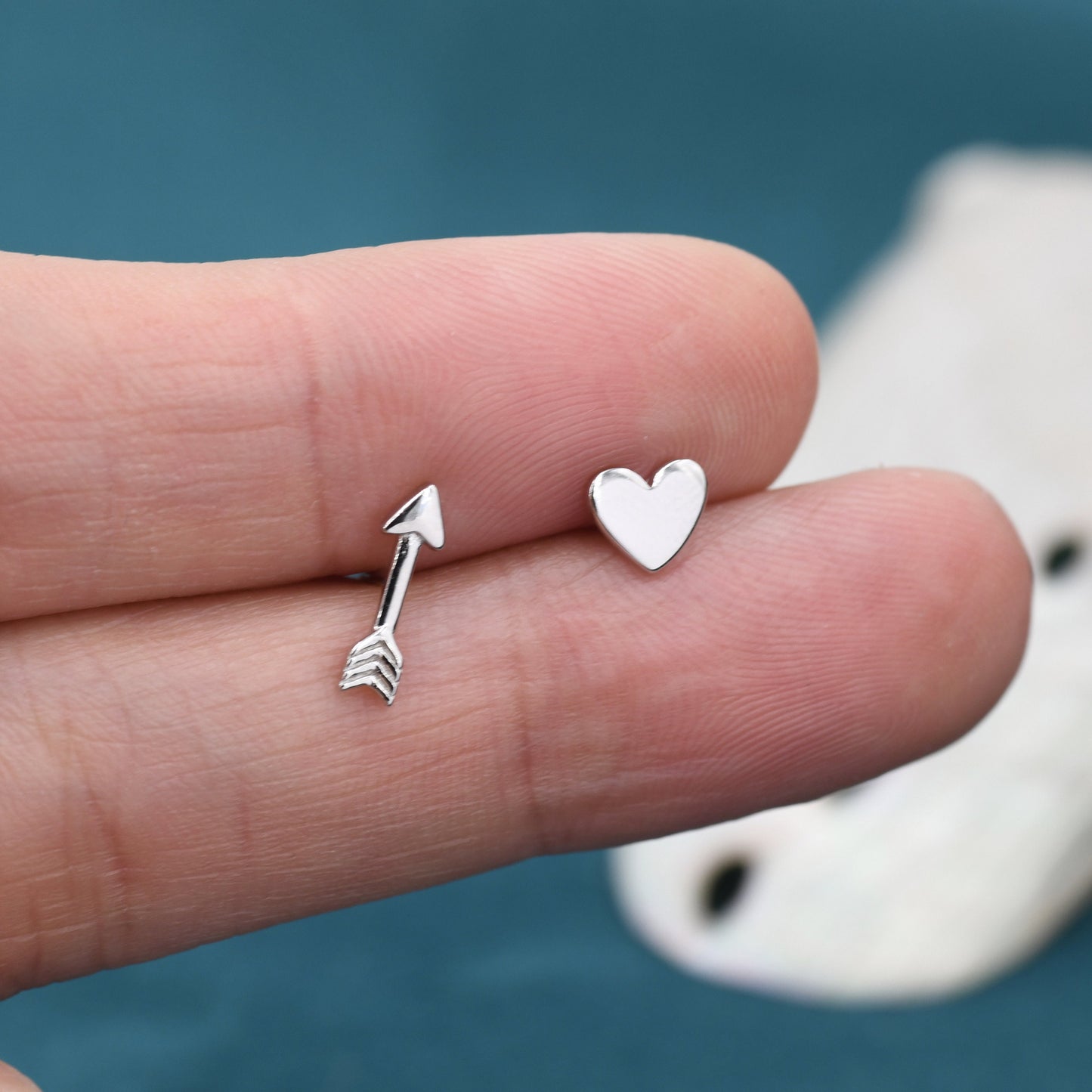 Mismatched Tiny Arrow and Heart Stud Earrings in Sterling Silver, Asymmetric Arrow and Heart Earrings