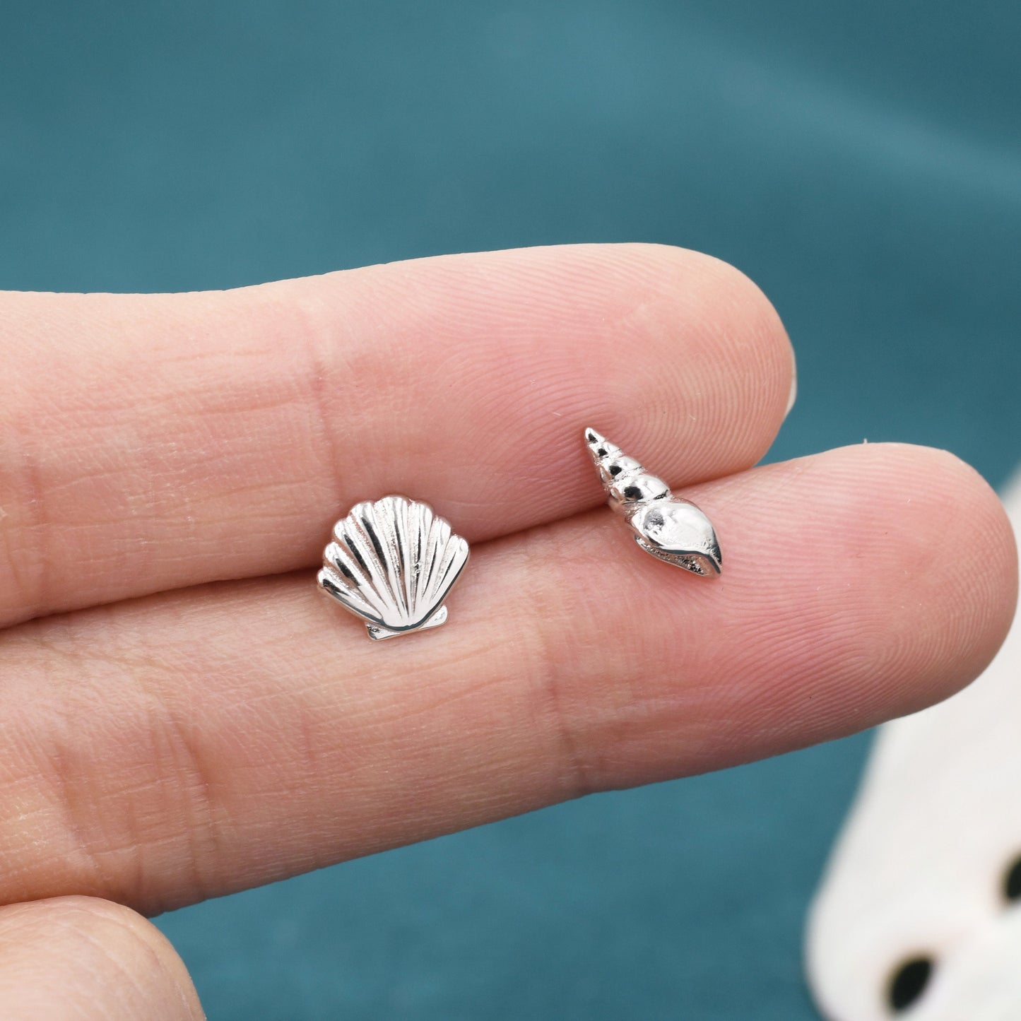 Mismatched Tiny Seashell Stud Earrings in Sterling Silver, Asymmetric Shell Earrings