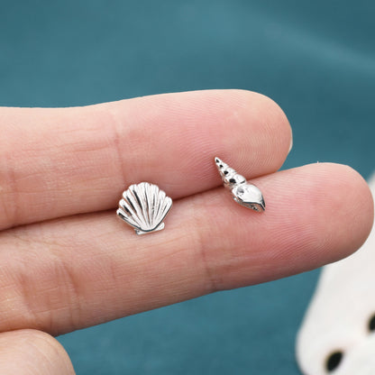 Mismatched Tiny Seashell Stud Earrings in Sterling Silver, Asymmetric Shell Earrings