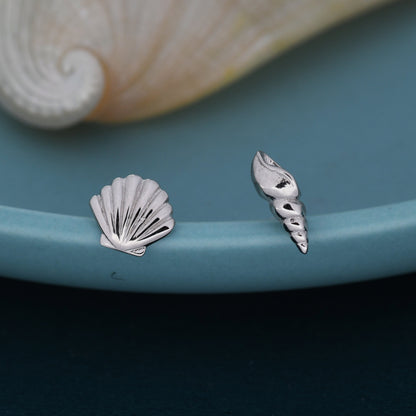 Mismatched Tiny Seashell Stud Earrings in Sterling Silver, Asymmetric Shell Earrings