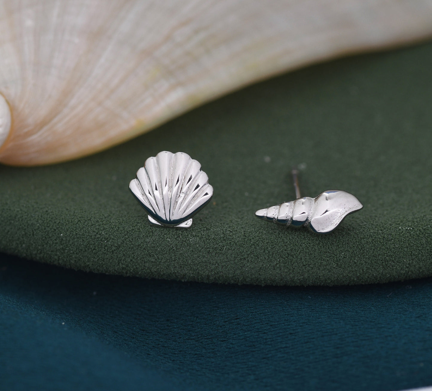 Mismatched Tiny Seashell Stud Earrings in Sterling Silver, Asymmetric Shell Earrings