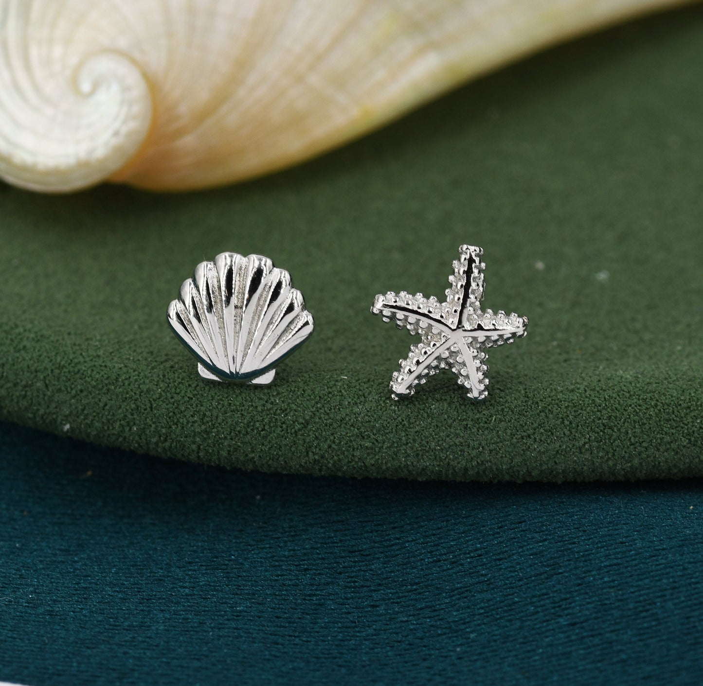 Mismatched Tiny Seashell and Starfish Stud Earrings in Sterling Silver, Silver, Gold or Rose Gold, Asymmetric Shell and Sea Star Earrings