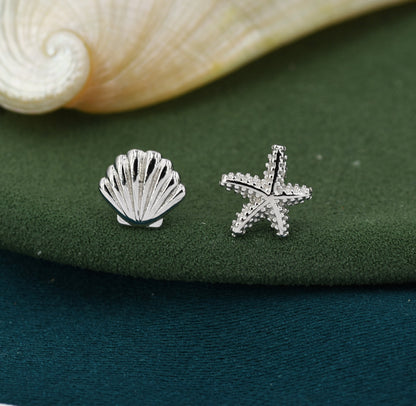 Mismatched Tiny Seashell and Starfish Stud Earrings in Sterling Silver, Silver, Gold or Rose Gold, Asymmetric Shell and Sea Star Earrings