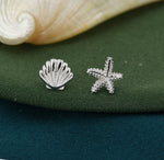 Mismatched Tiny Seashell and Starfish Stud Earrings in Sterling Silver, Silver, Gold or Rose Gold, Asymmetric Shell and Sea Star Earrings