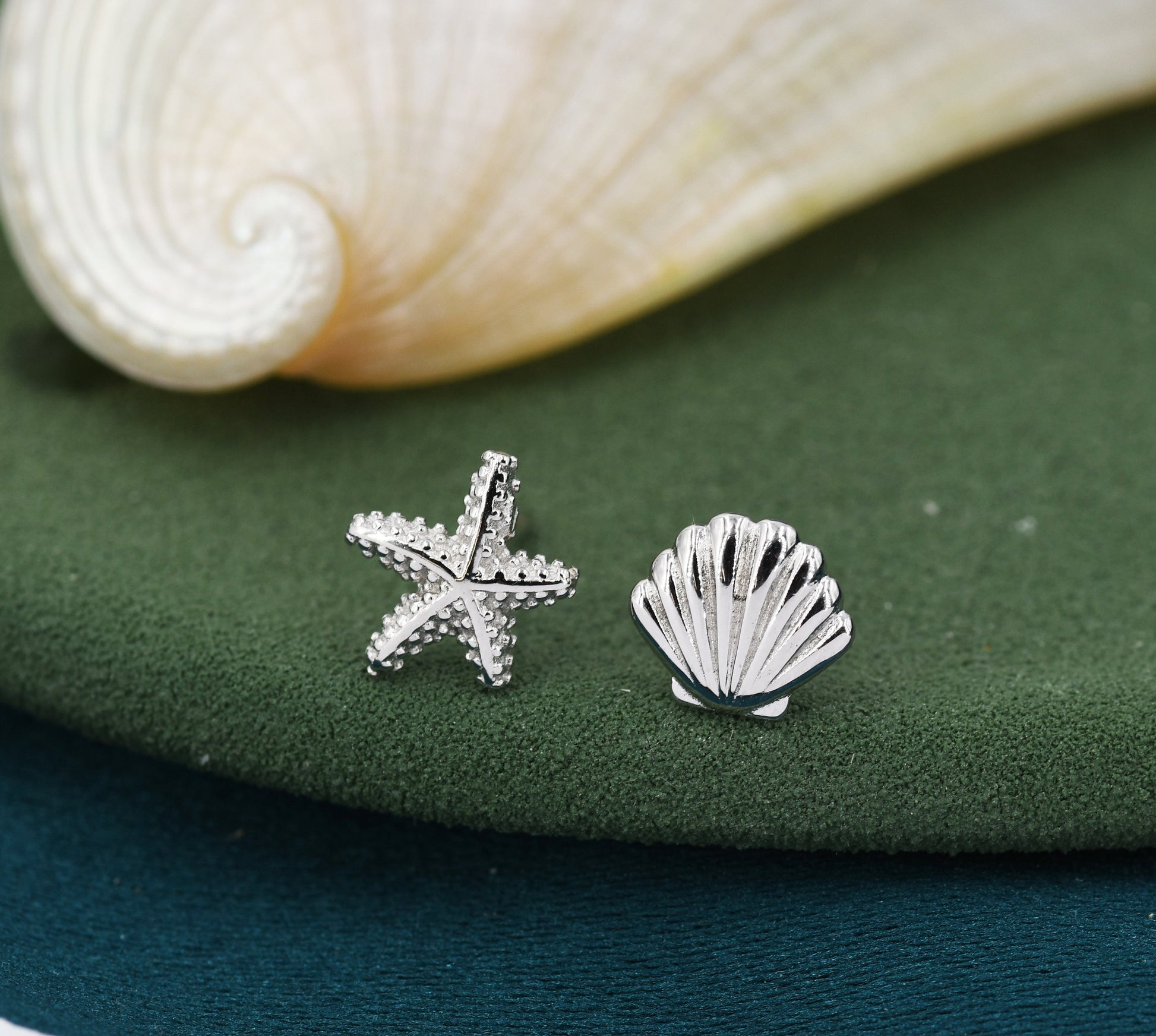 Mismatched Tiny Seashell and Starfish Stud Earrings in Sterling Silver, Silver, Gold or Rose Gold, Asymmetric Shell and Sea Star Earrings