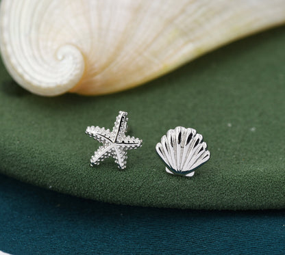Mismatched Tiny Seashell and Starfish Stud Earrings in Sterling Silver, Silver, Gold or Rose Gold, Asymmetric Shell and Sea Star Earrings
