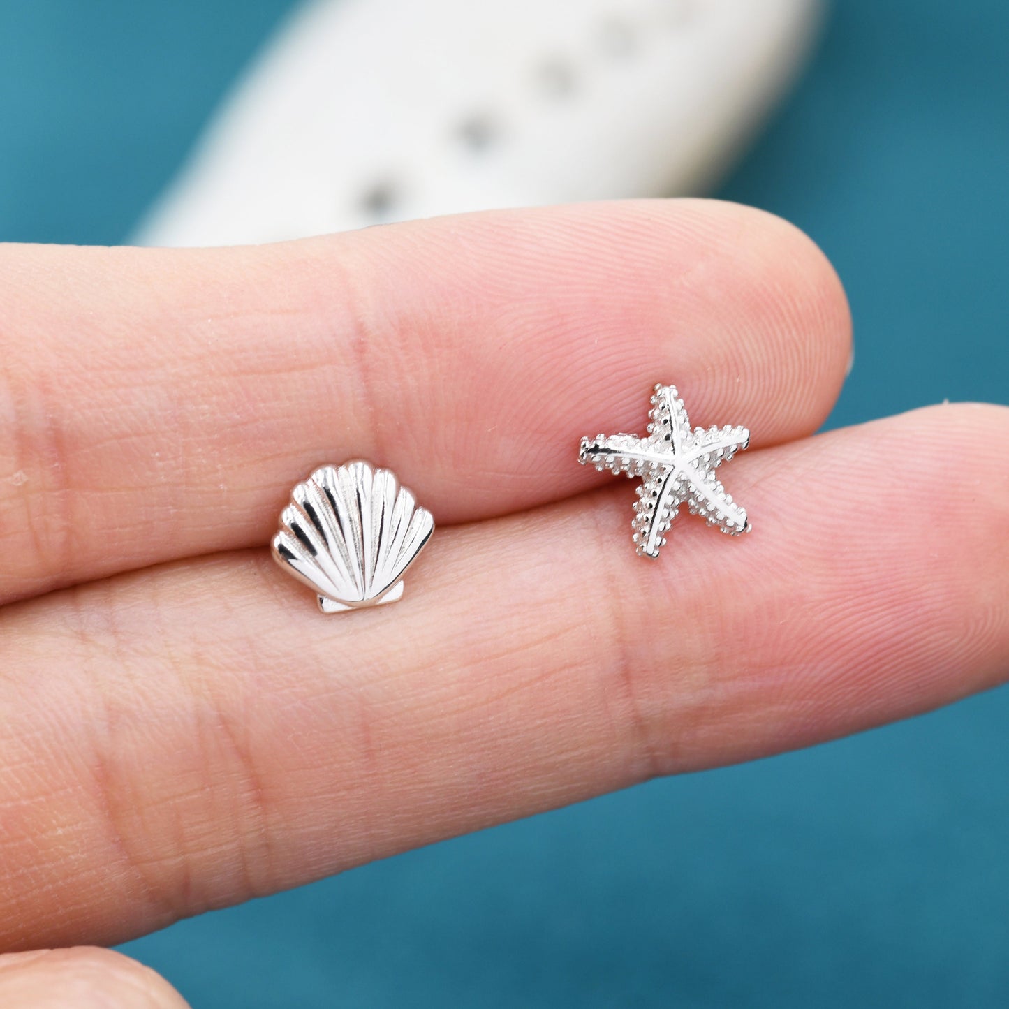 Mismatched Tiny Seashell and Starfish Stud Earrings in Sterling Silver, Silver, Gold or Rose Gold, Asymmetric Shell and Sea Star Earrings