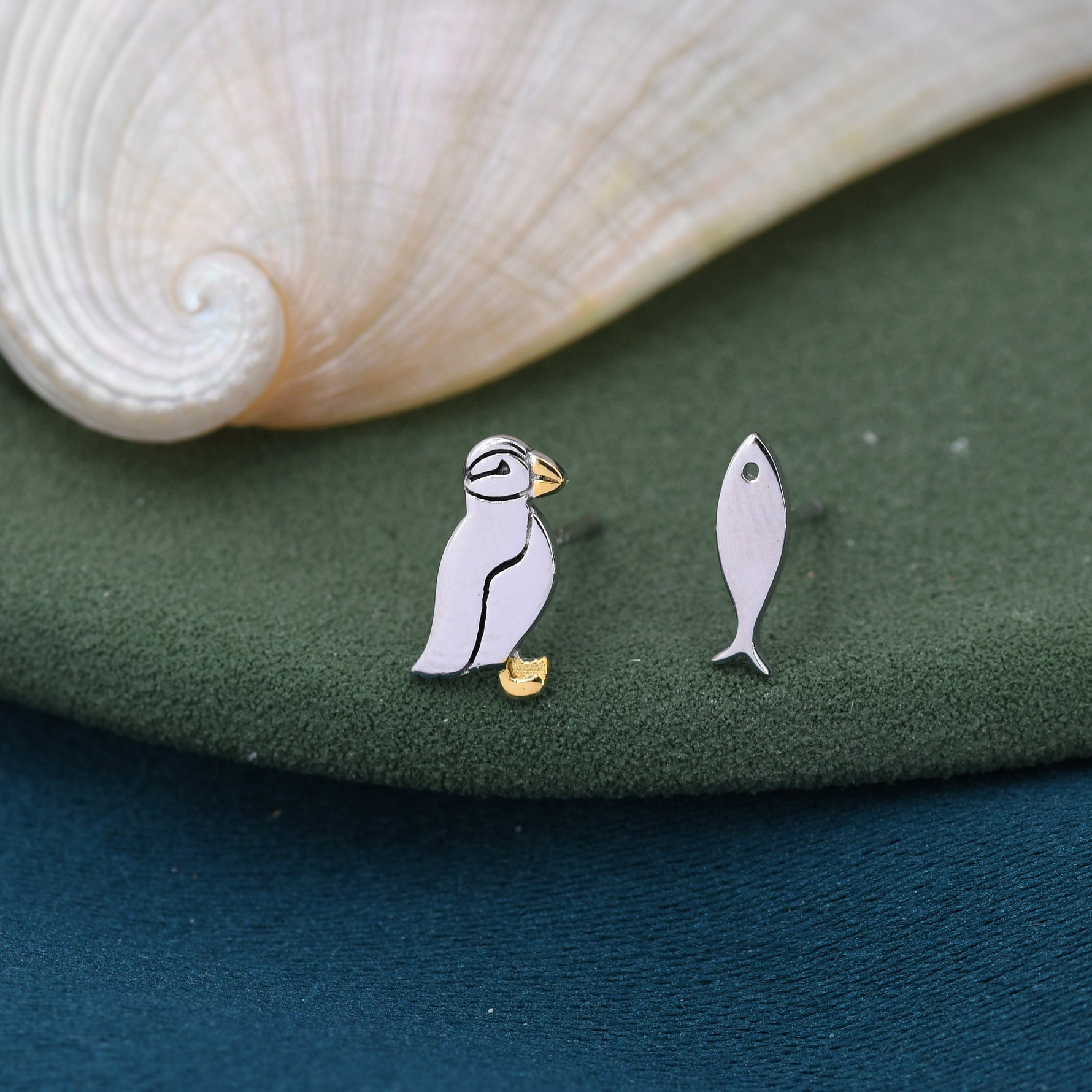Mismatched Puffin Bird and Fish Stud Earrings in Sterling Silver, Asymmetric Bird and Fish Earrings