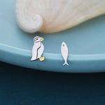 Mismatched Puffin Bird and Fish Stud Earrings in Sterling Silver, Asymmetric Bird and Fish Earrings